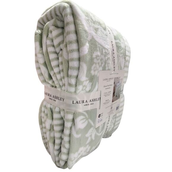 Laura‎ Ashley King Plush Blanket Reversible Floral Stripe Sage Ivory Shabby Chic - Picture 12 of 16